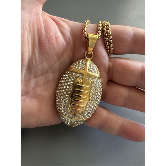 Football Pendant Chain Stainless Steel Super Bowl Gift Men’s Cubic Zirconia Gold - Picture 5 of 6